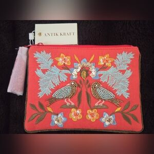 Antik Kraft Embroidered Clutch Zipper Pouch, New With Tags